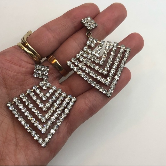 Vtg Rhinestone Silver Tone Dangle Statement Stud Earrings 2.5” - Picture 5 of 6